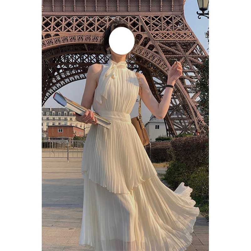 【急速出荷!】2025 新作 ワンピース 夏 半袖 長袖ワンピース ロングワンピース ロング シフォンワンピ ベアワンピ レースワンピ ドレス パーティードレス11 女性のための白いプリーツボウホルタ