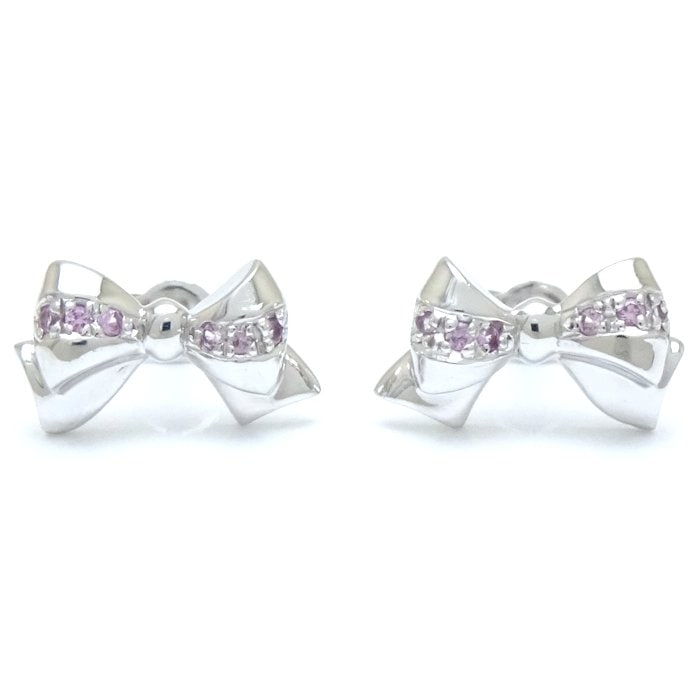 リボン ピアス ピンクストーン K18WG ホワイトゴールド/291909【中古】