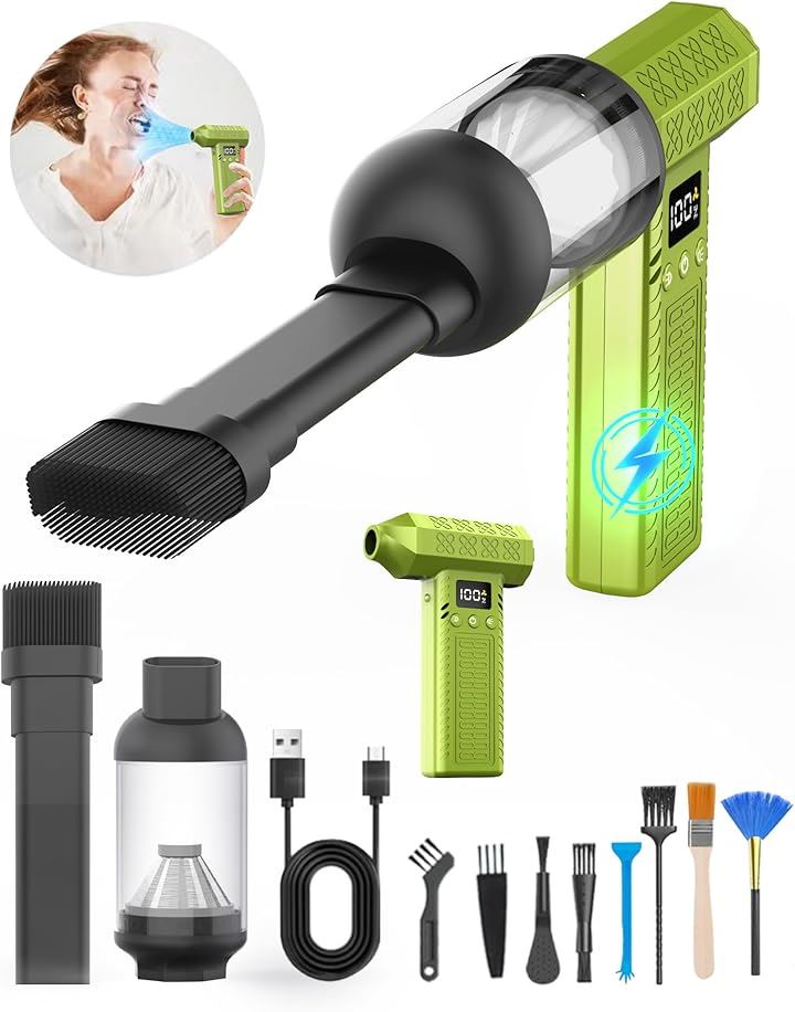 1台2役300000rpm電動エアダスター・15000paミニ掃除機・3段風量調整・世界トップレベル超強力 最大風速74m/s 小型 洗車ブロワー ハンディ掃除機 超軽量(グリーン)