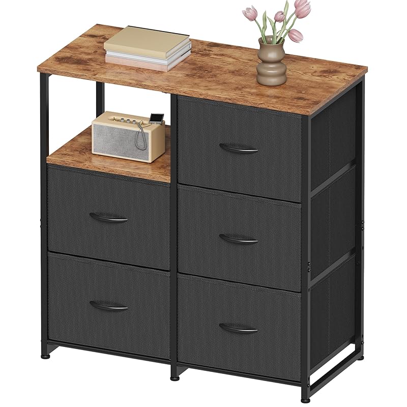 YeTom ダンス チェスト 洋服タンス 木製天板 布製 引き出し付き 3段5杯 大容量 組立簡単 幅76cm 寝室 クローゼット 収納 衣類 タンス おもちゃ収納 箪笥 収納ケース 本棚 ピンテージ