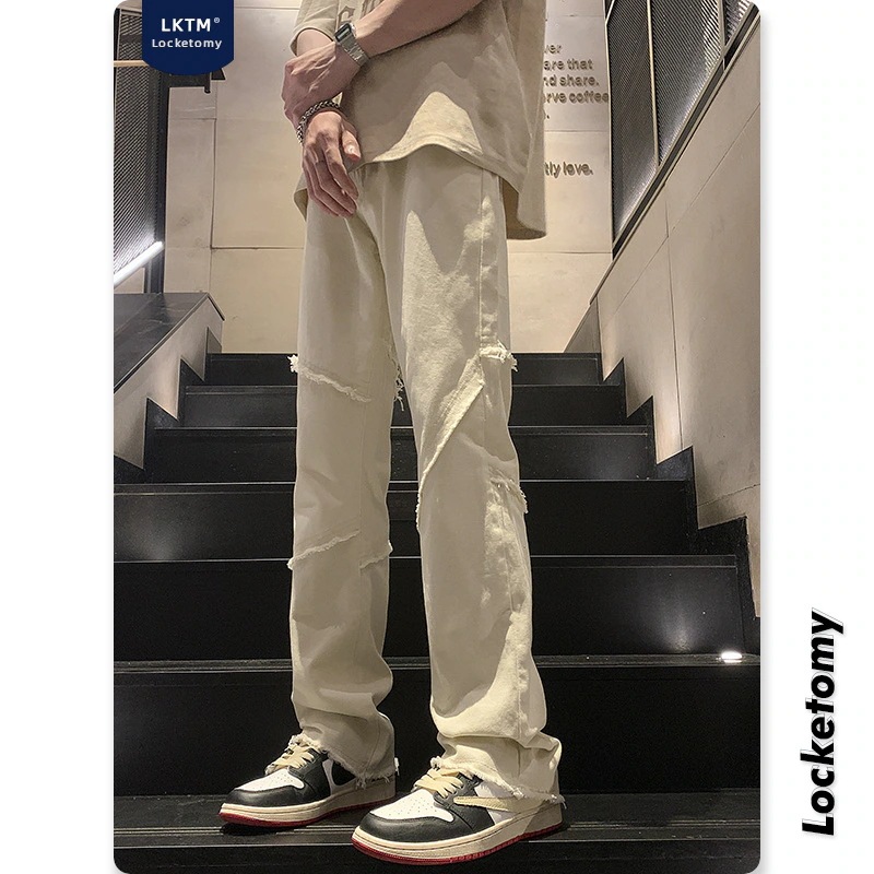 パンツ メンズ 韓国 白いジーンズ男高級感ごろつきハンサムフィットバリマイクロラッフルパンツ メンズファッション デニムパンツ ズボン