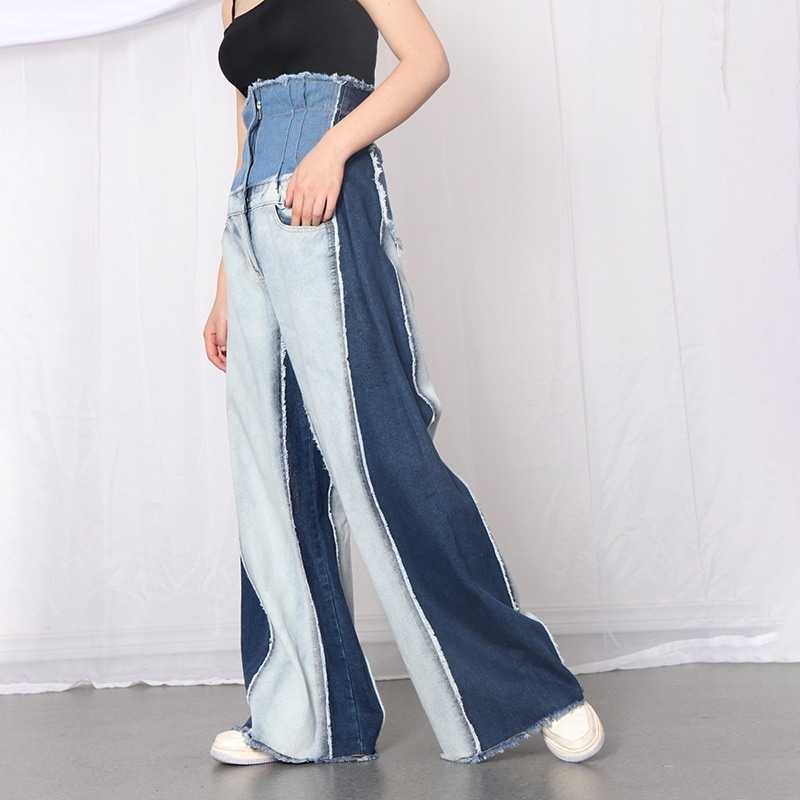 切り替えデニムパンツ ワイド ジーンズ ハイウエスト デニム Gパン レディース 個性的 おしゃれ ポケット カラーデニム 韓国 レディース オルチャン 可愛い かわいい 大人可愛い
