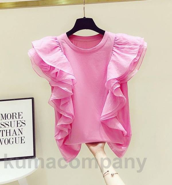 フリル トップス レディース フリル袖 半袖 フレンチスリーブ シャツ ブラウス クルーネック カットソー 大きいサイズ 白 黒 カジュアル 可愛い 韓国 ファッション 大人可愛い km