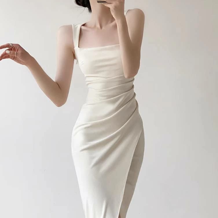 限定カラーサスペンダードレス レディース スカート ワンピース ドレス ロングスカート ロング 袖なし ノースリーブ スクエアネック 襟なし タイト スリム 細身 スマート スリット サイドスリット