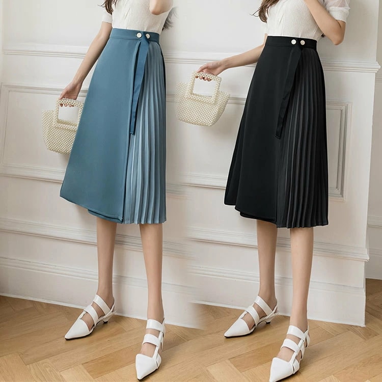 スカート Aライン 春秋 レディース ミモレ丈 体型カバー 優雅 ナチュラル 大人 洋装 パーティー ファッション 上品 きれいめ お出かけ ハイウェスト プリーツスカート 結婚式 二次会 同窓会 B