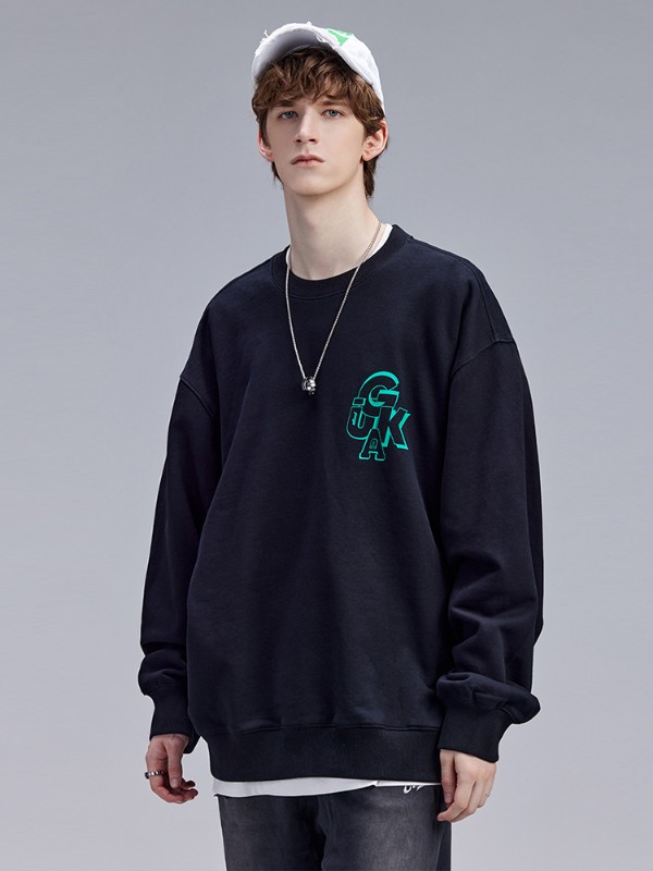 ブラック ラウンドネック スウェットシャツ メンズ 純綿 秋 トレンド カップル ヒップホップ バック 大きいプリント バットスリーブ トップス ゆったり