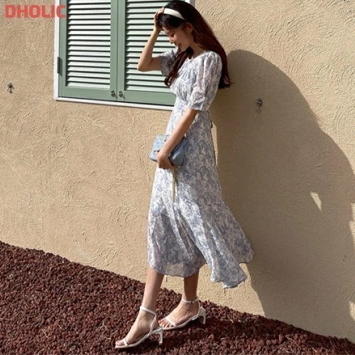 [メガ割りSALE]パフスリーブロング半袖花柄ワンピース