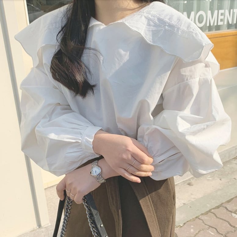 ブラウス シャツ レディース トップス フリルビッグカラーシャツ 袖コンシャス 襟付き 長袖 ボリュームスリーブ ドロップショルダー 4,618円