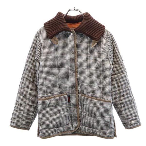 千鳥柄 キルティングジャケット M ベージュ系 薄中綿入り 裏フリース レディース