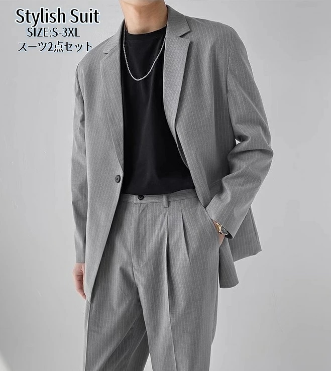 お买い得 メンズスーツ フォーマルスーツ ストライプ柄 黒 グレー カジュアルスーツ 上下セットスーツ タキシードスーツ 披露宴 お洒落 結婚式 二次会 成人式 卒業式 就職活 ビジネススーツ 上品