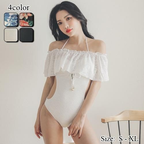 【グラシア】 水着 モノキニ レディース ビーチウェア スイムウェア 流行 海 プール 2WAY ウエストライン オフショル フレアスカート 細見え フレア 花柄レッド 花柄ブルー ブラック ホワイト