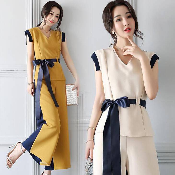 難有 訳あり 即納 結婚式 パンツスーツ ベージュ 2XL(L寄り2L）セットアップ 上下セット DT0046 バイカラー レディース Ｔシャツ+パンツ ２点セット OL レディース 30代 40代