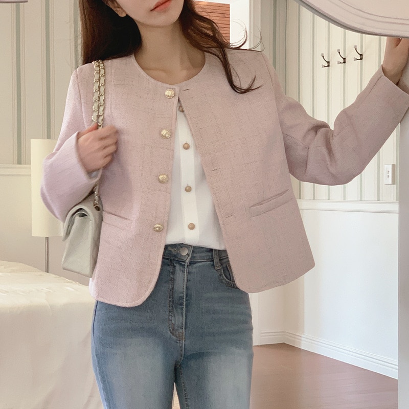 [tjk0442] 韓国ファッションゴールド ボタン ツイード ジャケット