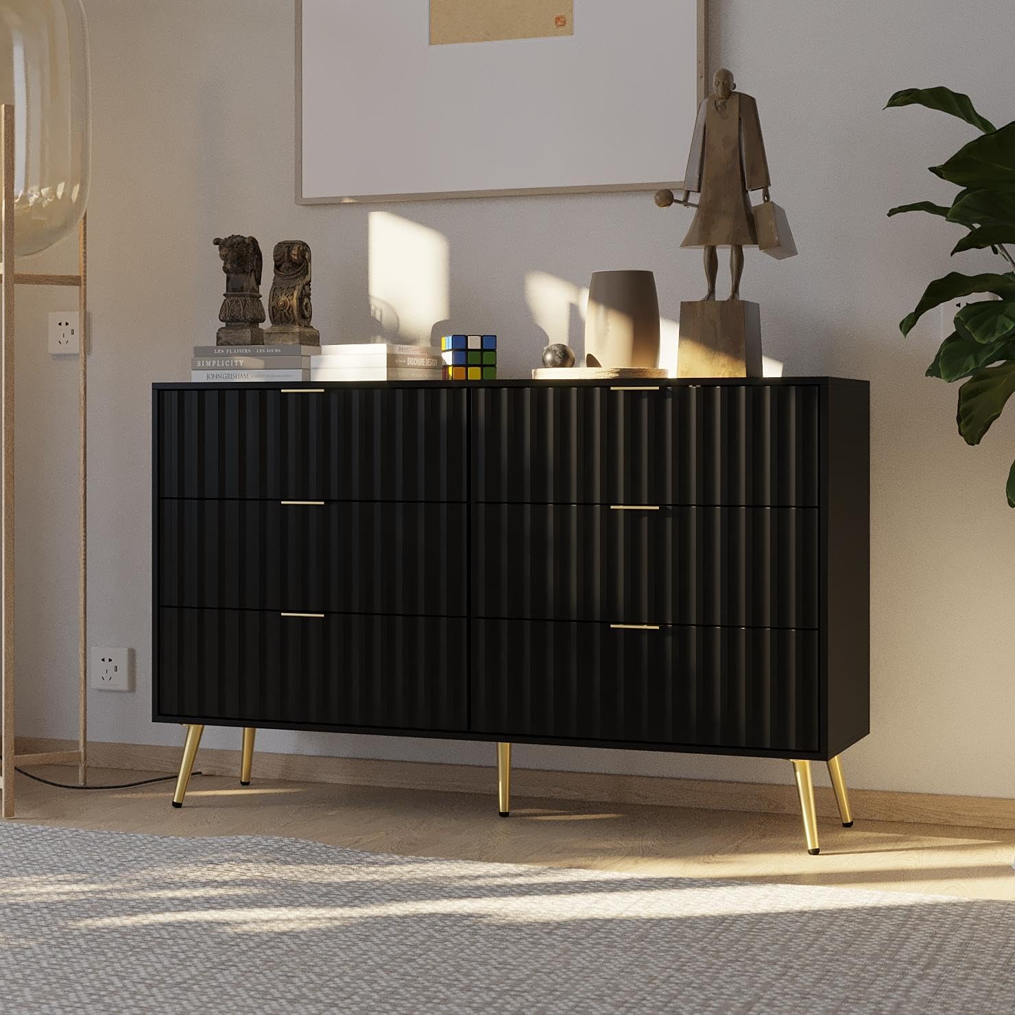 チェストタンス 3段6杯 木製 収納 大容量 奥行35cm x 幅120cm x 高さ74cm おしゃれ 箪笥 衣類収納 引き出し 転倒防止 リビングルーム ベッドルーム モダン 北欧 おしゃれ ブラ