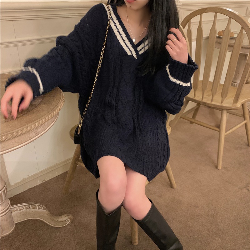 ロング丈ニットセーター カジュアルニットセーター 長袖ロングセーター オーバーサイズセーター トップス ニットソー セーター プルオーバー ロング ロング丈 袖あり 長袖 ボリューム袖 Vネック