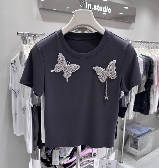 レディース トップス カットソー 上着 Tシャツ ショート 半袖 ラウンドネック オフショルダー スリム 細身 アシンメトリー 切り替え リボン 伸縮性 スパンコール 薄手 大人可愛い きれいめ