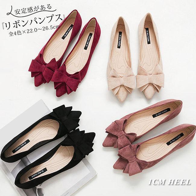 パンプス リボン フラットヒール ポインテッドトゥ レディース スエード調 おしゃれ 可愛い 大人 カジュアル 歩きやすい 通勤 通学 美脚 韓国風 軽量 黒