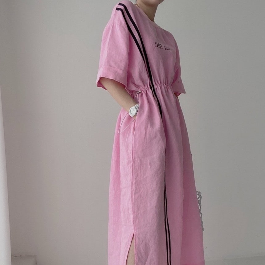 ワンピース ワンピースドレス マキシ丈 7分袖 ラウンドネック Iライン サイドスリット コットン