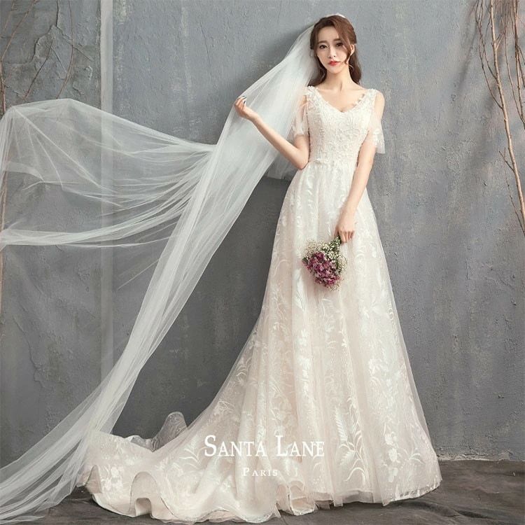 花嫁 ウエディングドレス ウェディングドレス 袖あり 半袖 トレーン 二次会ドレス 結婚式 ウエディングドレス 披露宴 二次会 結婚式 イベント 演奏会 発表会 フォーマルドレス 編み上げタイプ 白