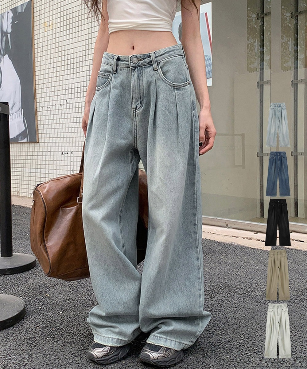 国内即納 タックワイドデニムパンツレディース韓国風 87BJH-001