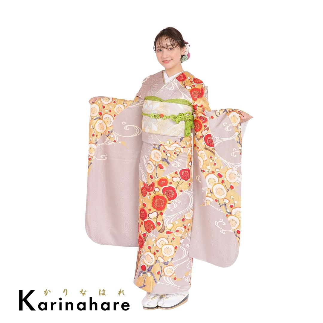 結婚式結納振袖レンタルくすみグレー地に金箔で流れを描き梅の花を紅白で載せた上品な色使いの振袖セットF682-108