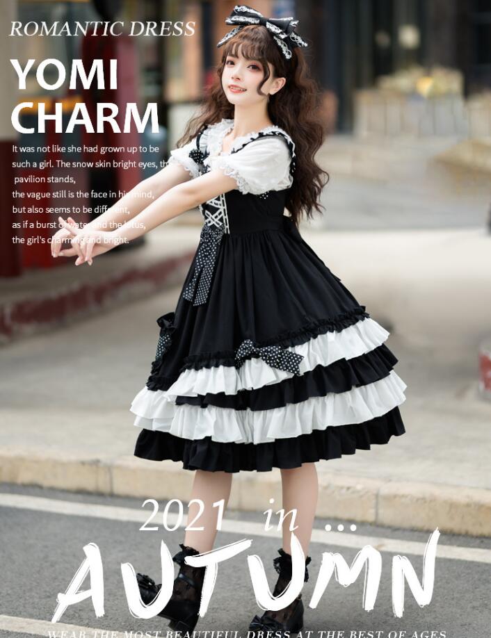 ロリータ ワンピース ハロウィン コスプレ ゴスロリ キャミソール 膝丈 ティアードドレス ロリータ服 可愛いワンピース 学園祭 文化祭 イベント 暗黒風 コスチューム 撮影衣装 リボン付き