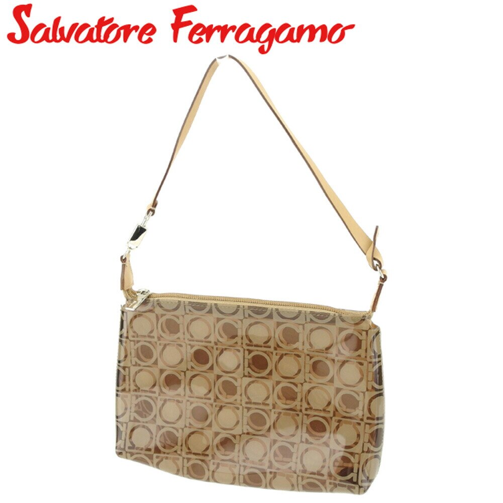 ハンドバッグ ポーチバッグ ガンチーニ柄 アクセサリーポーチ ベージュ ブラウン ゴールド 中古