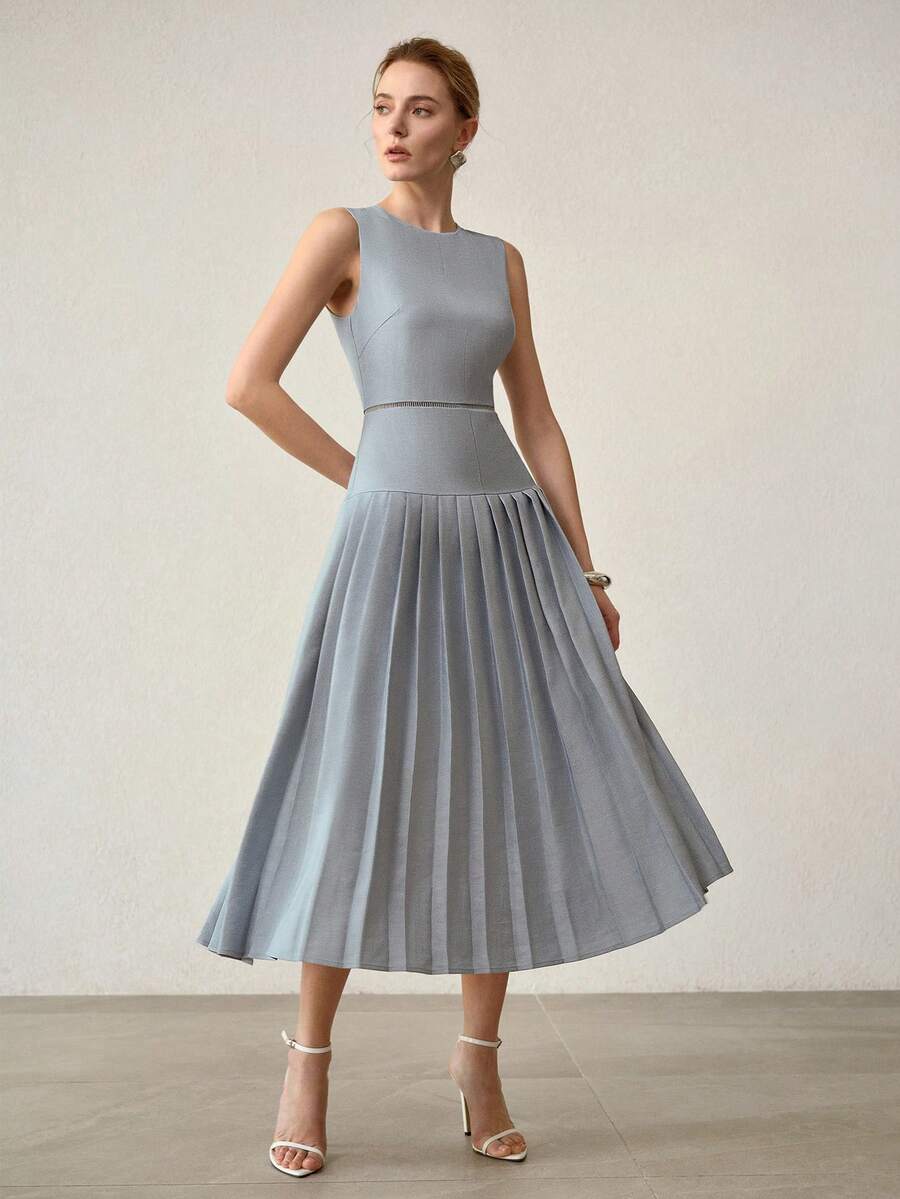 エレガントなウエストシンチ フィットしたロングプリーツドレス春夏