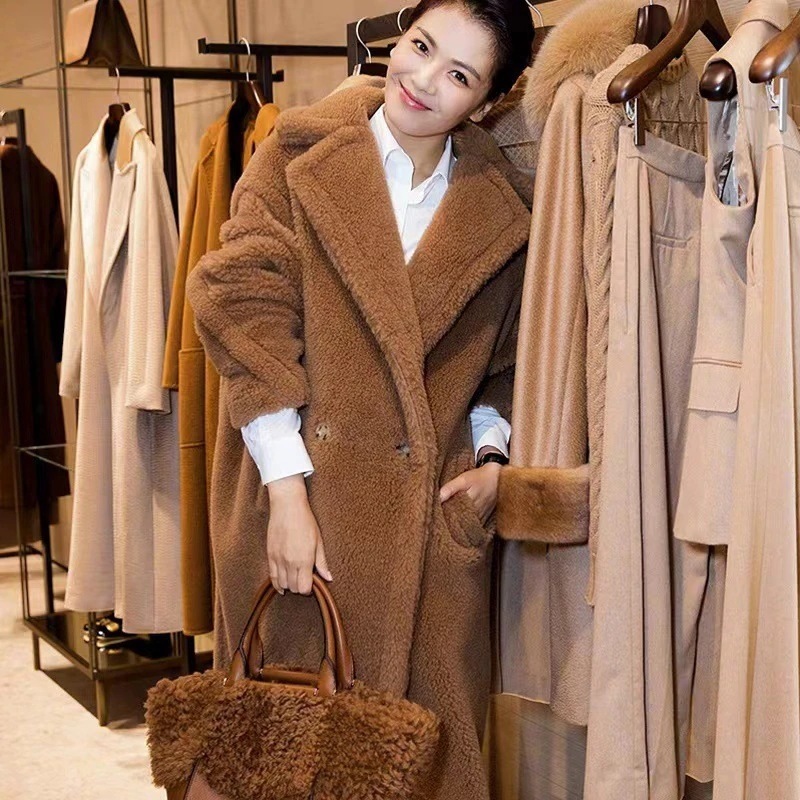 冬の新作 テディベアコートレディースロングマックスリウタオ同スタイルテディグレインラムウールアルパカファーコート