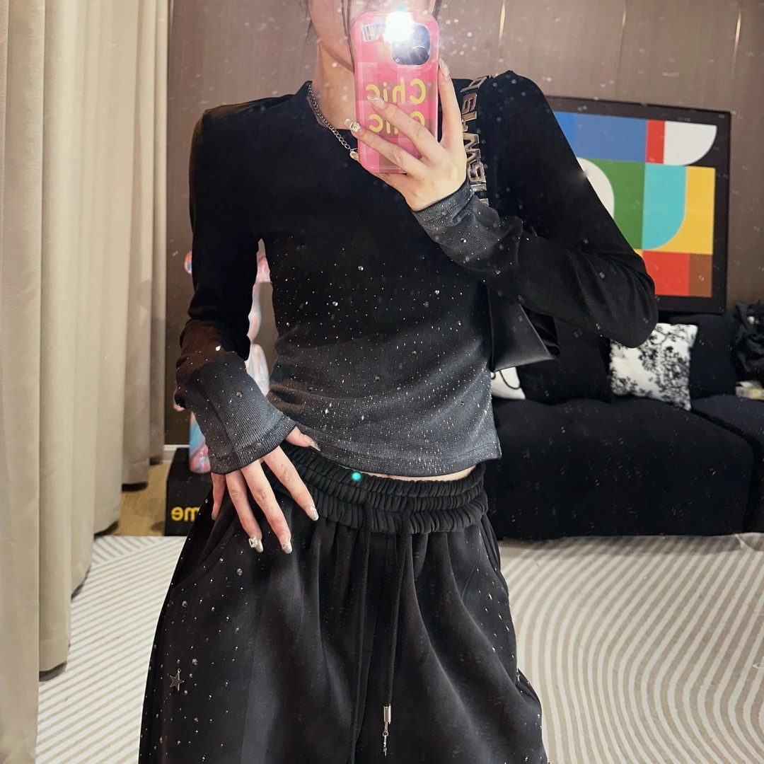 重工ドリルラウンドネックグラデーション長袖Tシャツの新作トップス