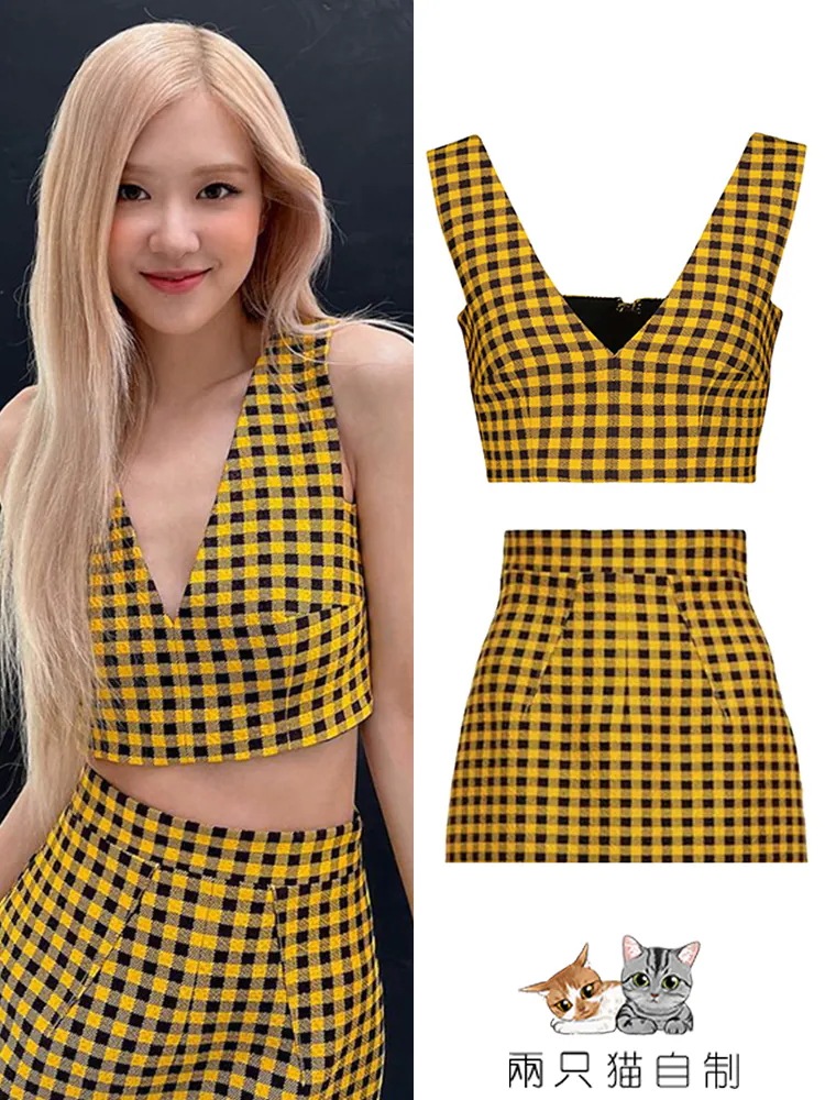 朴彩英とローズチェック柄vネックベストスーツハーフスカート露出ウエスト痩身a