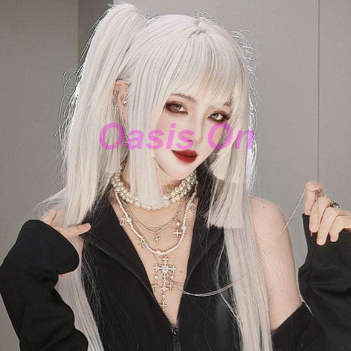 73「新品登場」姫カット 中世の貴族風 ストレート シルバーホワイト 銀髪 フルウィッグ かつら 女性 長髪 ロングウィッグ ロング ロリータ lolita 前髪あり 小顔効果