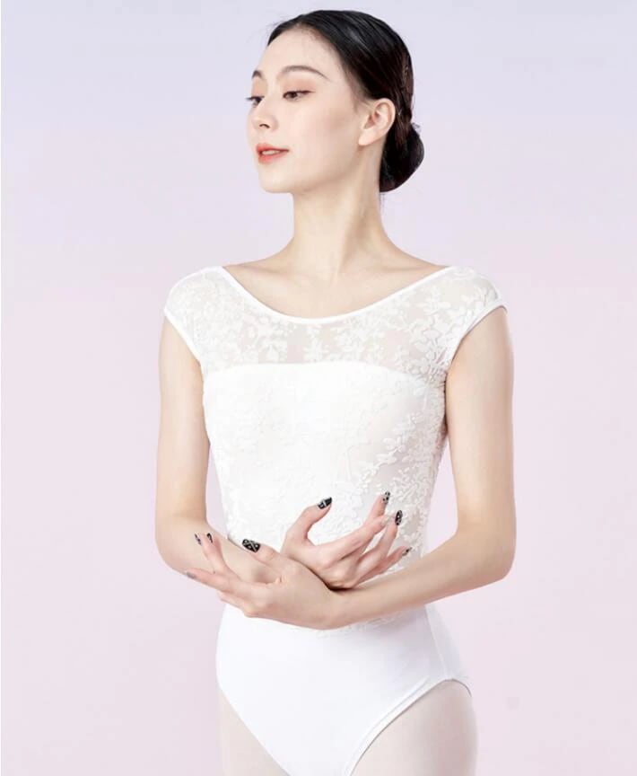 バレエ レオタード 大人用 白 レース 繊細な花柄刺繍レース キャップ スリーブ ジュエルネック 美シルエット 高級 バレエウェア パッドポケット有り スカートなし バレエ 古典ダンス 空中ヨガ 体