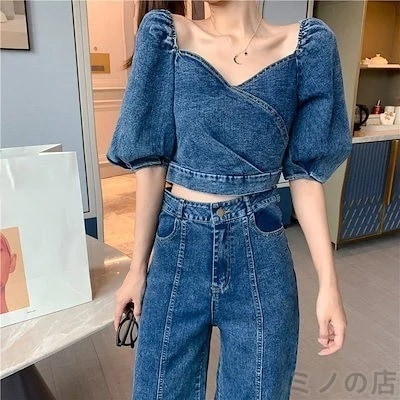 【10点セット】23 新入荷 デコルテ 女っぽ デニム セットアップ スタイルアップ パフスリーブ フレアパンツ メガ割1528
