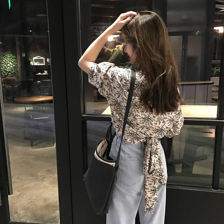 2color レディース フラワープリントカシュクールシャツ ふわり袖ブラウス ウエストリボン トッ