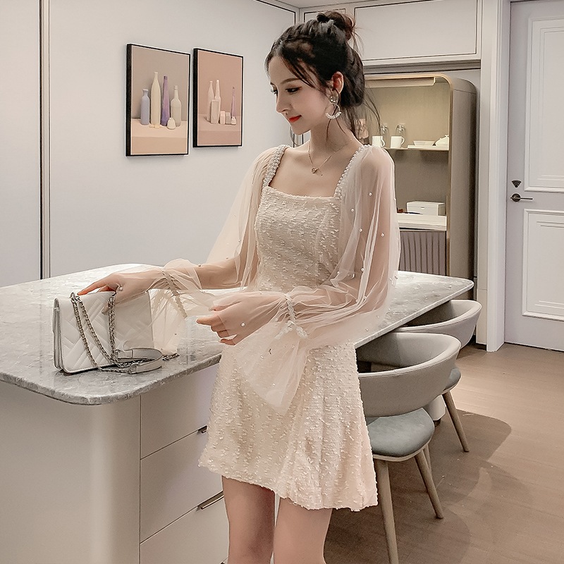 ショルダーネットステッチドレス女性ビーズバブルスリーブウエストa字スカート秋 ワンピース ミニ丈 膝上 袖なし スクエアネック Aライン ハイウエスト 大人可愛い きれいめ シンプル 大人 上品