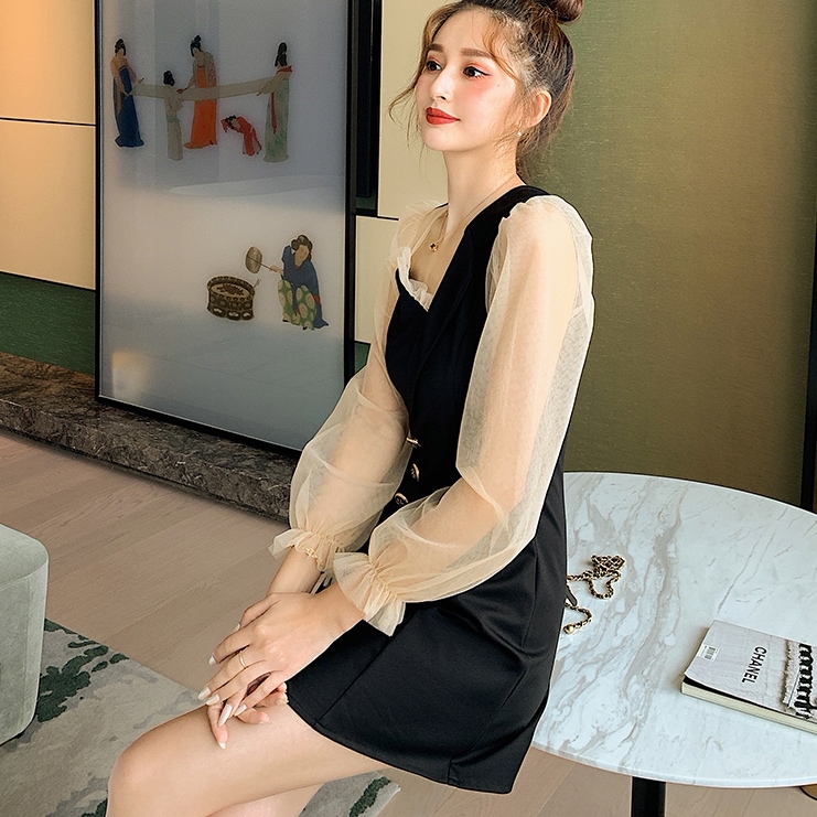 袖シースルーワンピース ワンピース フレアワンピース ワンピドレス ミニ ミニ丈 袖あり 長袖 Vネック フレア 切り替えデザイン 切り替えデザイン 透け感 シースルー かわいい 大人可愛い きれいめ