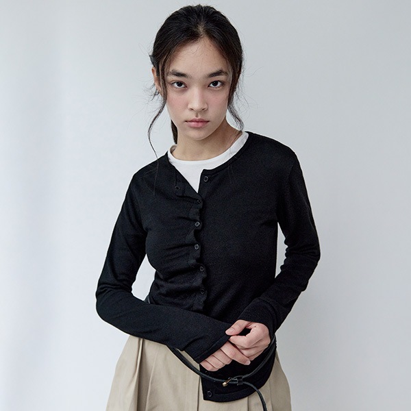 SHIRRING BUTTON UNBALANCE CARDIGAN BLACK