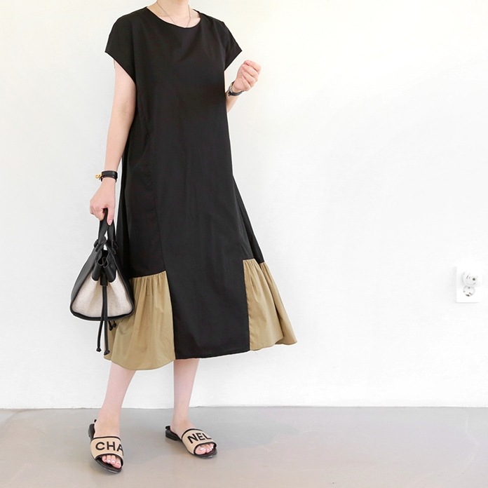 ワンピース レディース ロング丈 膝下 カジュアル オシャレデザイン シアン ブラック