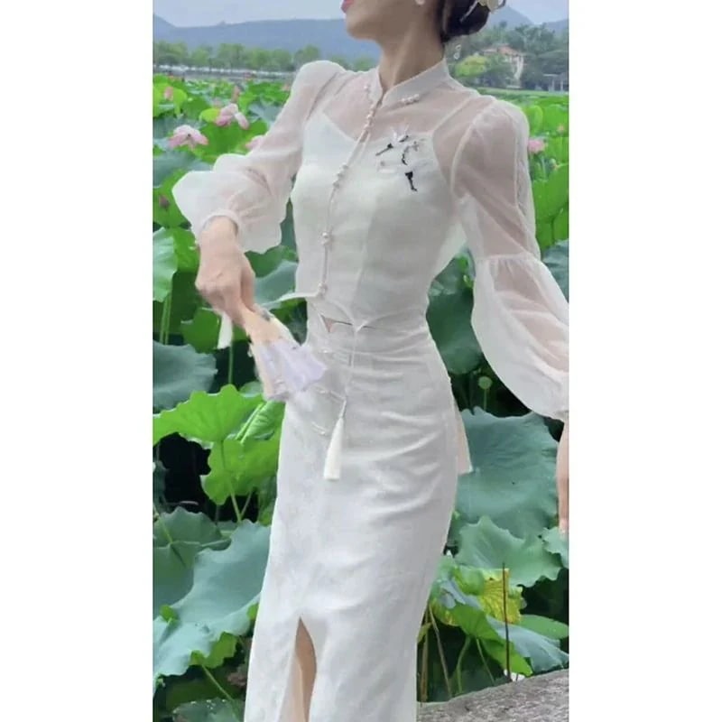 婦人服 2025 ハイエンド民族風改良チャイナドレスタッセルトップバックルスカートツーピース夏