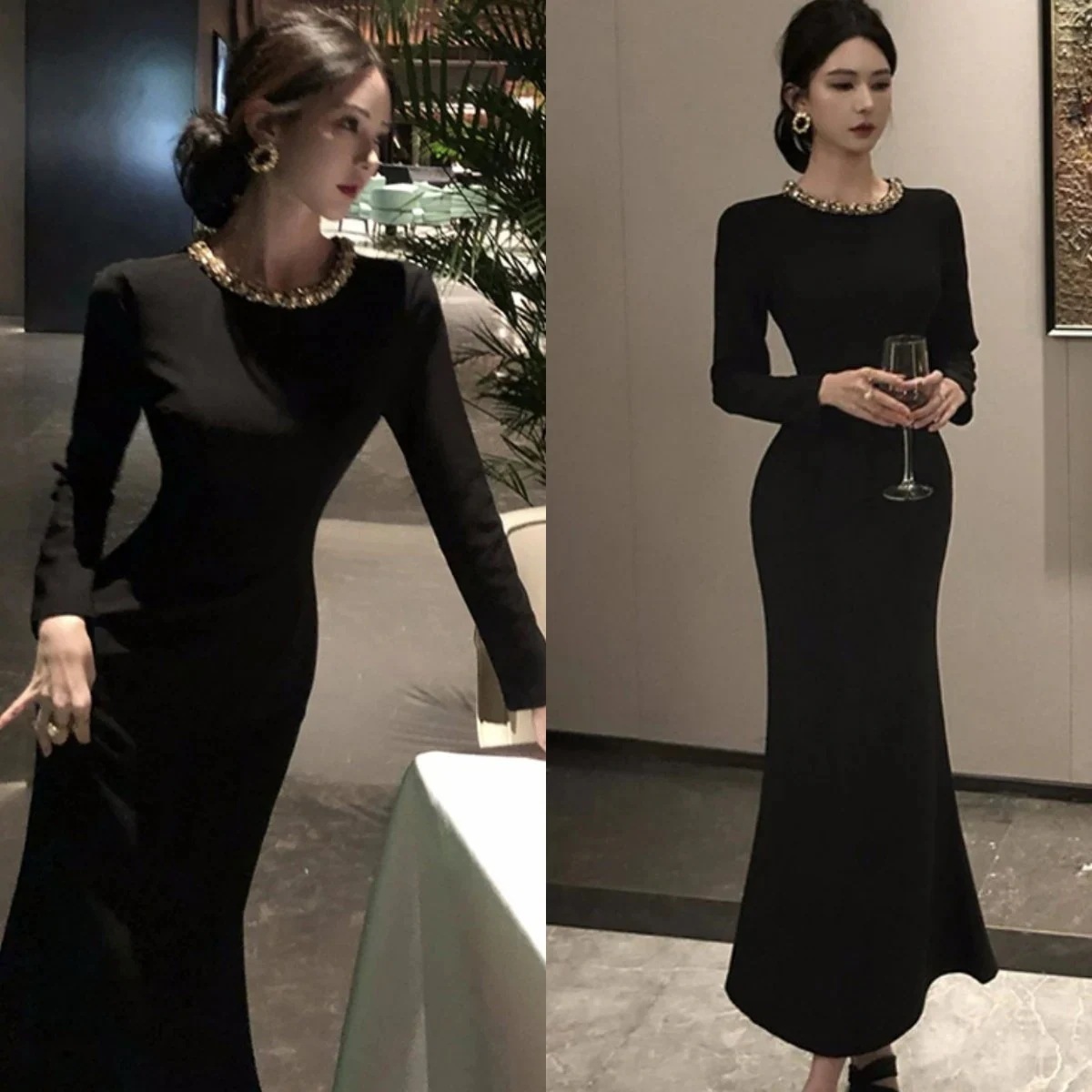 【3日出荷】パーティー セクシースリムフィット バックメッシュクルーネックチェーン付き ロングスリーブレディース ドレス 結婚式 ワンピース お呼ばれドレス
