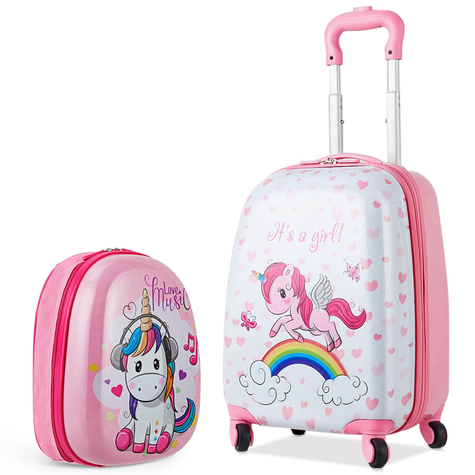 Costway スーツケース キッズキャリーケース 子供用スーツケース リュック 2点セット キャリーバッグ 機内持込み 誕生日プレゼント 入園プレゼント (ピンク-ユニコーン)