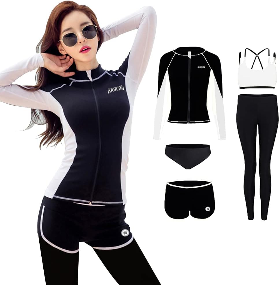 [YFMAYI] ラッシュガード レディース 水着 レギンス 長袖 前開き セパレート スイミング パンツ ブラ 5点セット フィットネス 女性 ビーチ 水泳 UVカット 吸汗速乾 水陸両用