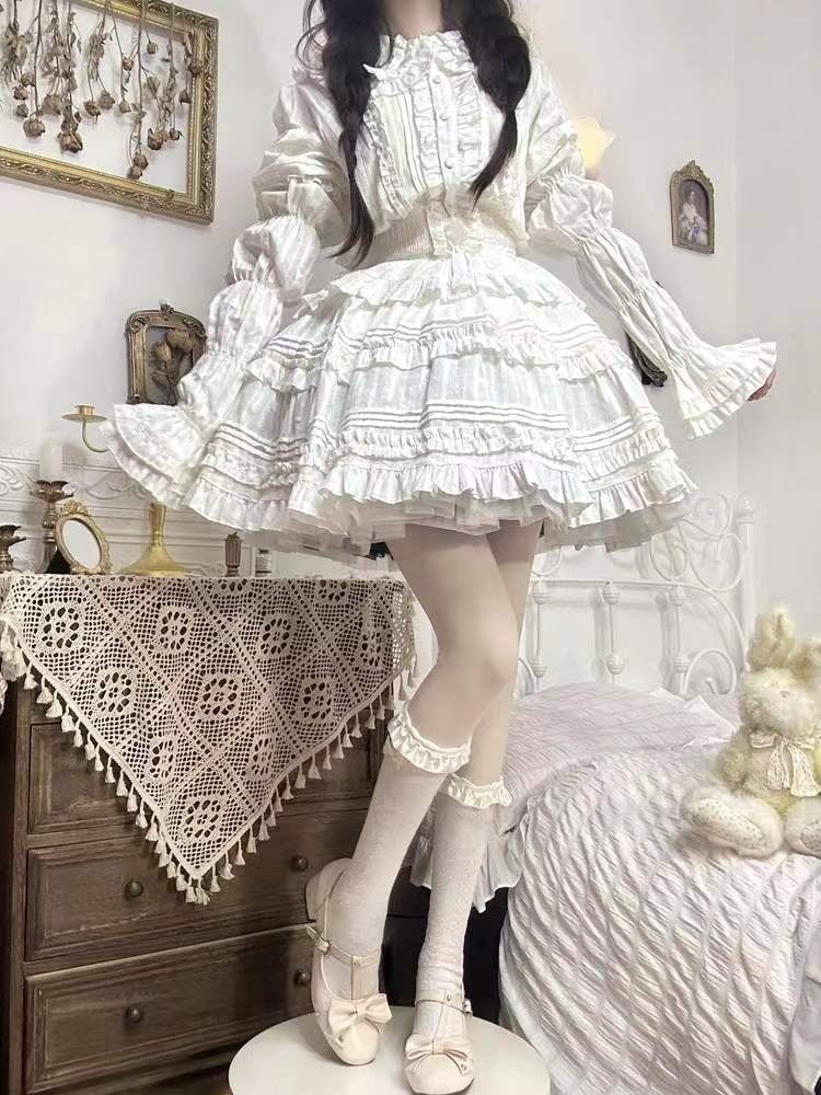 メガ割ロリータ洋装ロリータドールネックバブリースリーブ白シャツ半袖トップス半身スカートレディーススーツワンピース3点セット女子学生95