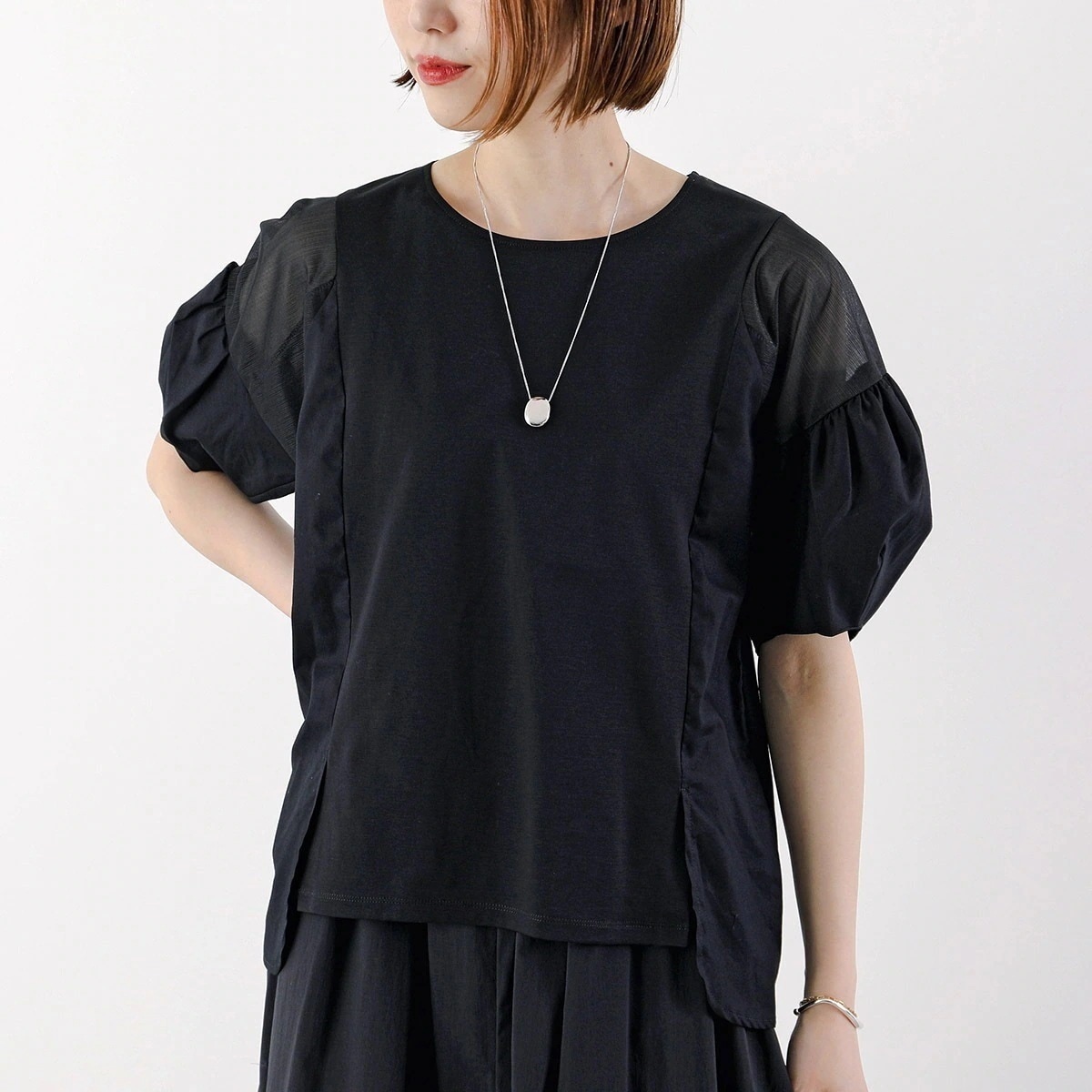 MARECHAL TERRE マルシャル・テル カットソー ZMT253CT201 レディース 半袖 Tシャツ コクーン バルーンスリーブ シアー 切替 009/blk