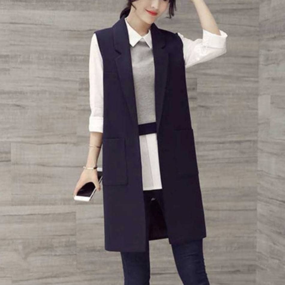 アンサンブル トップス アウター ベスト ジャケット 膝上 袖なし ノースリーブ 襟付き ノッチラペル ショールカラー ストレート Iライン スマート かわいい 大人可愛い きれいめ シンプル