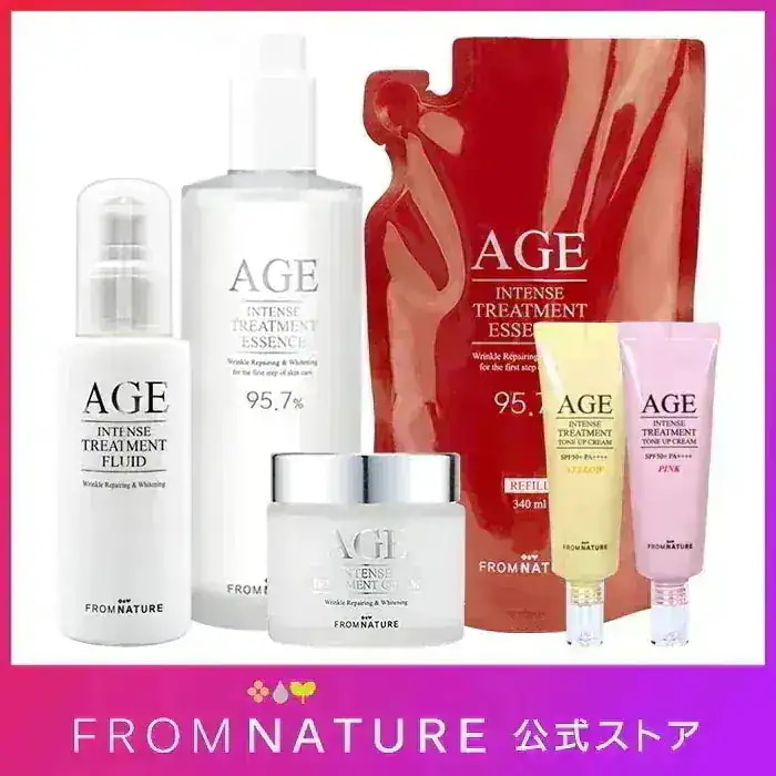 Qoo10限定 AGEインテンスシリーズ 5点セット 化粧水ボトル・詰め替え340ml各1点/クリーム80ml/乳液/100ml/選べるトーンアップクリーム50g ピンクorイエロー