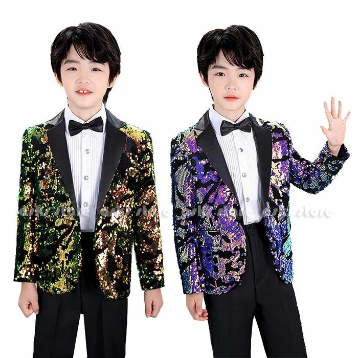 品質良い キッズスーツ 子供服 男の子 上下セット 子供スーツ フォーマルスーツ スパンコールジャケット シャツ パンツ 蝶ネクタイ キッズ グラデーション 礼服 紳士服 学園祭 文化祭 演奏会 ステ