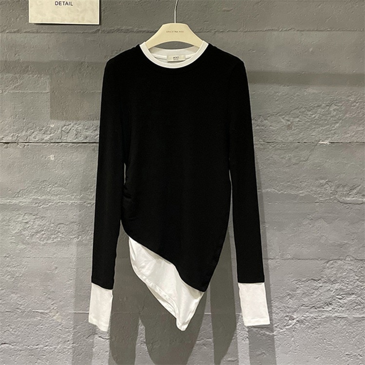 韓国ファッション ベースシャツ フェイク2ピース 長袖 撞色 Tシャツ 斜め揺れ ラウンドネック 23 デザインセンス