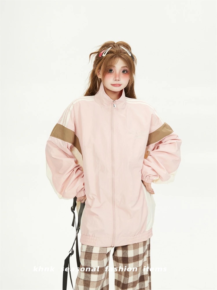 2025春夏 韓国っぽ かわいい レディース ックスタンドネックアウターブルゾン羽織りお出かけ長袖セクシーシルエットトップスサイドスポーティーカジュアルファッション系サイズお出かけフル丈トラック